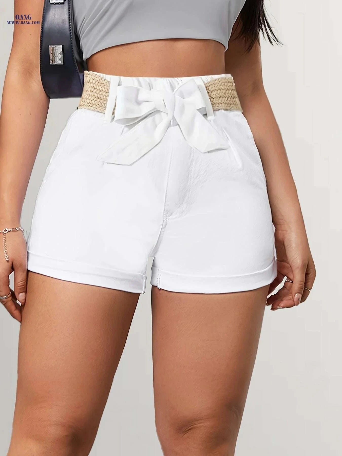 Elegant Women's Cotton Shorts with Non-Elastic Hemp Rope Belt   OAXG 