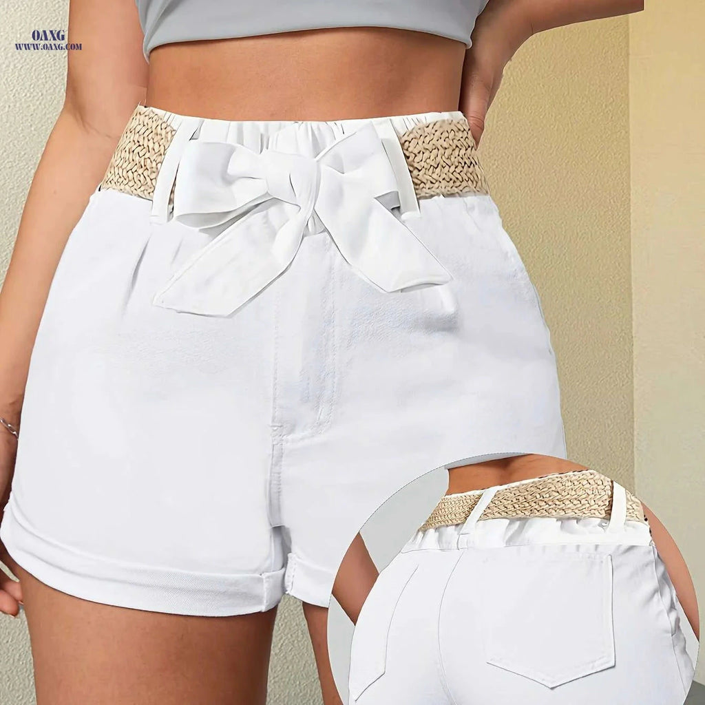 Elegant Women's Cotton Shorts with Non-Elastic Hemp Rope Belt   OAXG 
