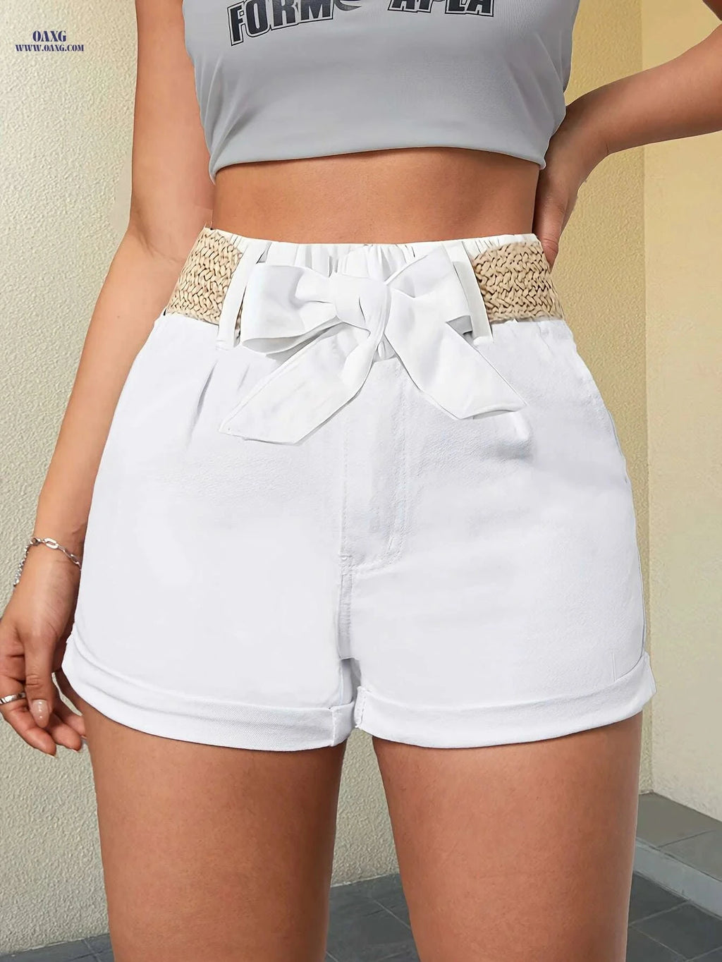 Elegant Women's Cotton Shorts with Non-Elastic Hemp Rope Belt   OAXG 