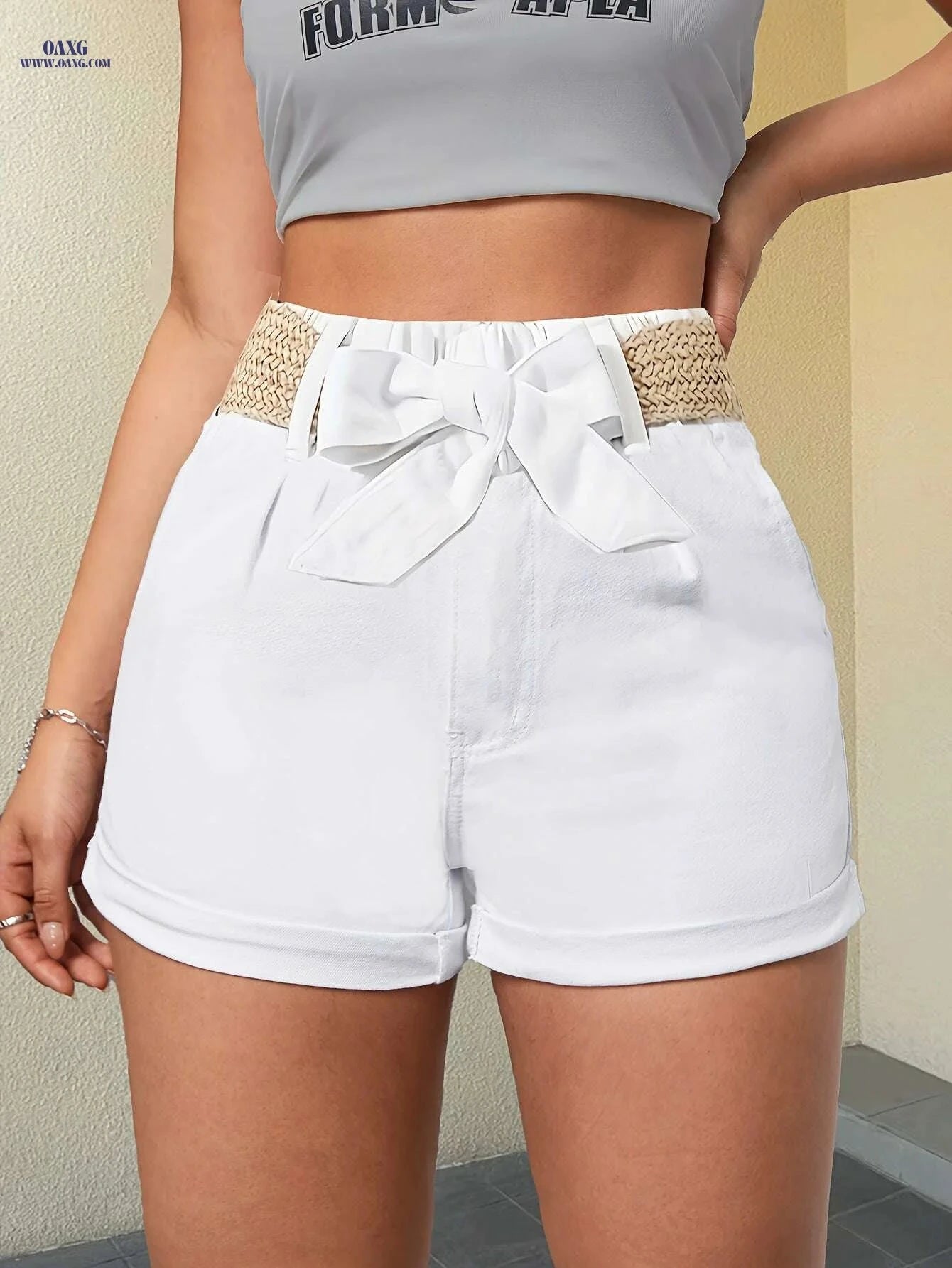 Elegant Women's Cotton Shorts with Non-Elastic Hemp Rope Belt   OAXG 