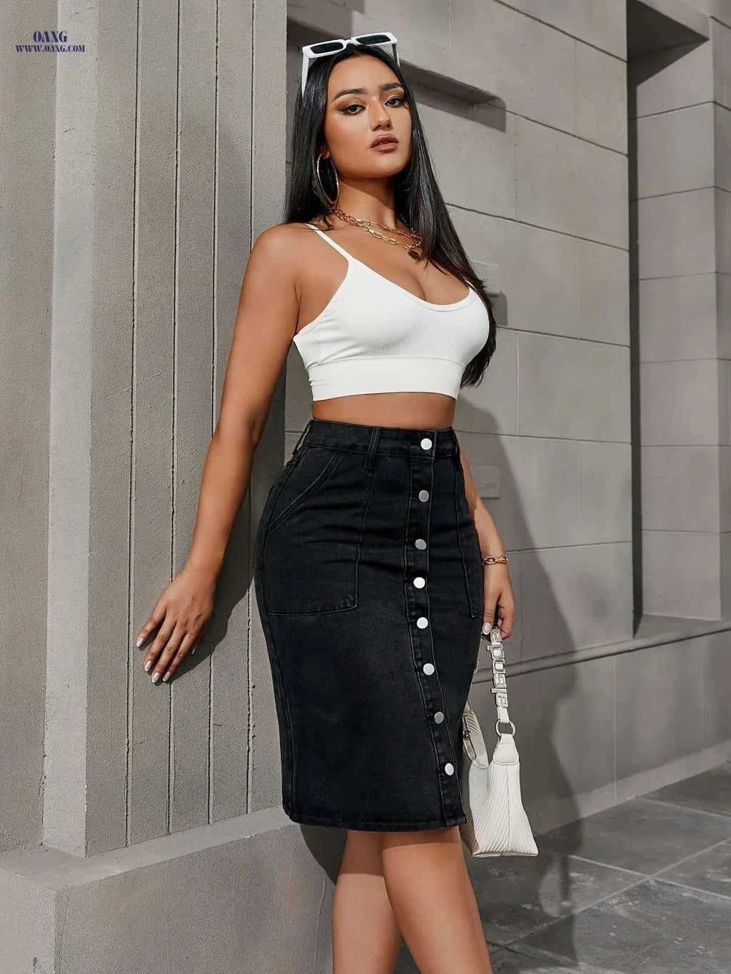 Elegant Women’s Denim Midi Skirt - Straight Fit for All Seasons   OAXG Black / XS