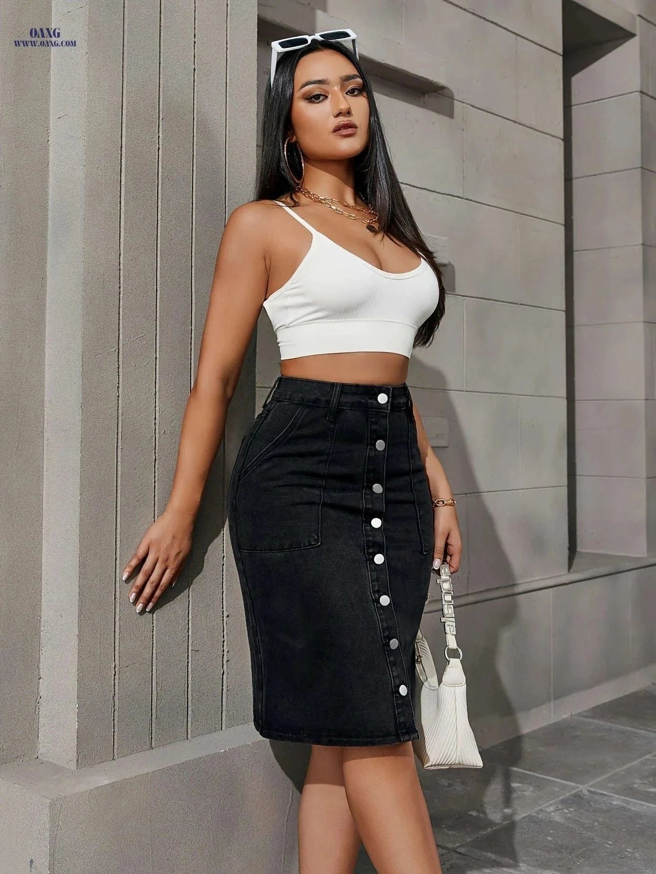 Elegant Women’s Denim Midi Skirt - Straight Fit for All Seasons   OAXG Black / XS