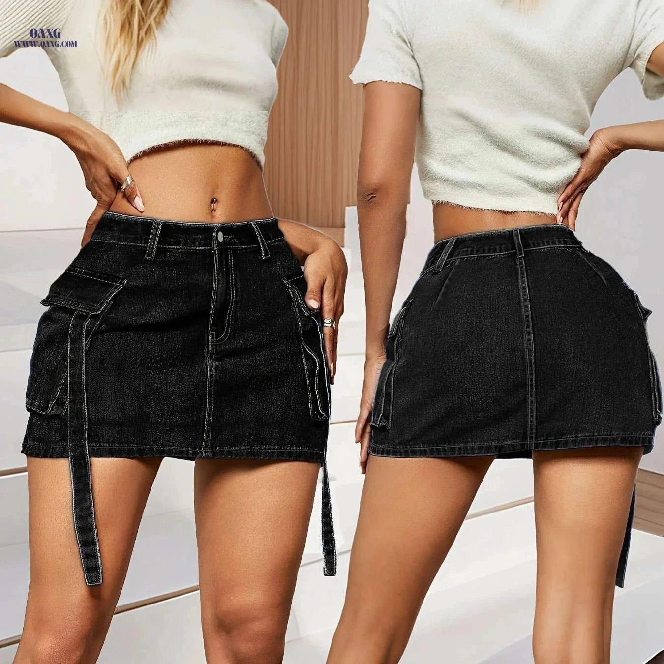 Elegant Women's Denim Skirt - Multi-Pocket High Waist Design   OAXG Light Blue / XS