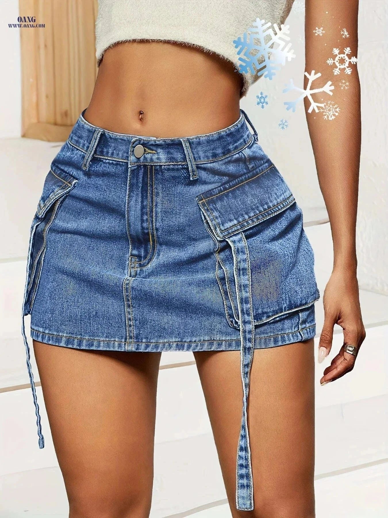 Elegant Women's Denim Skirt - Multi-Pocket High Waist Design   OAXG Light Blue / XS