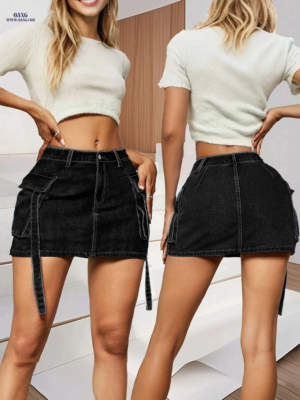 Elegant Women's Denim Skirt - Multi-Pocket High Waist Design   OAXG Light Blue / XS