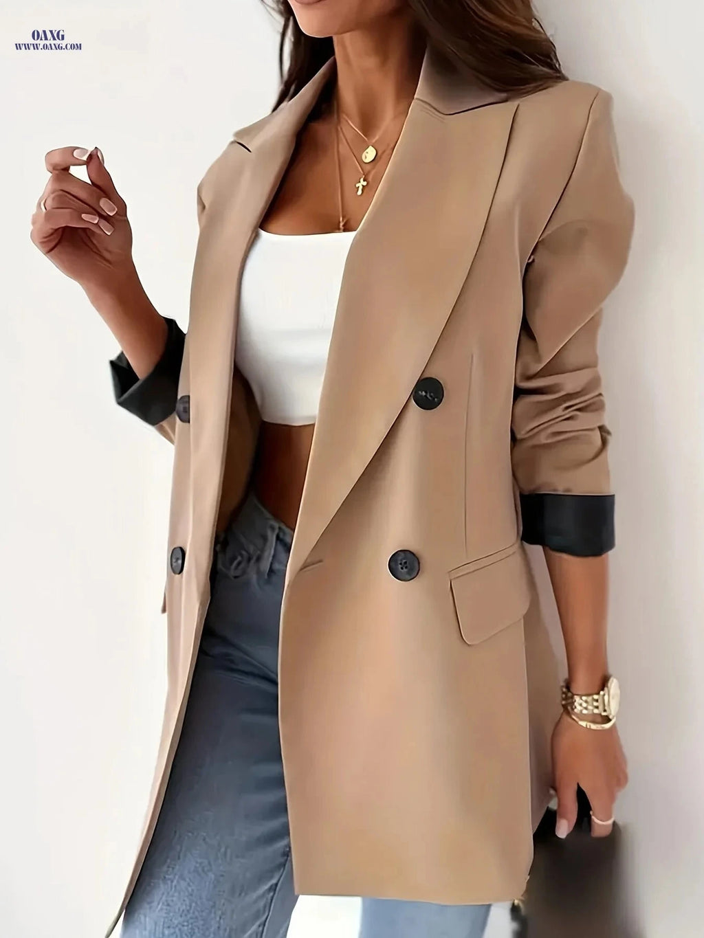 Elegant Women's Double Breasted Blazer - Long Sleeve for Office   OAXG 