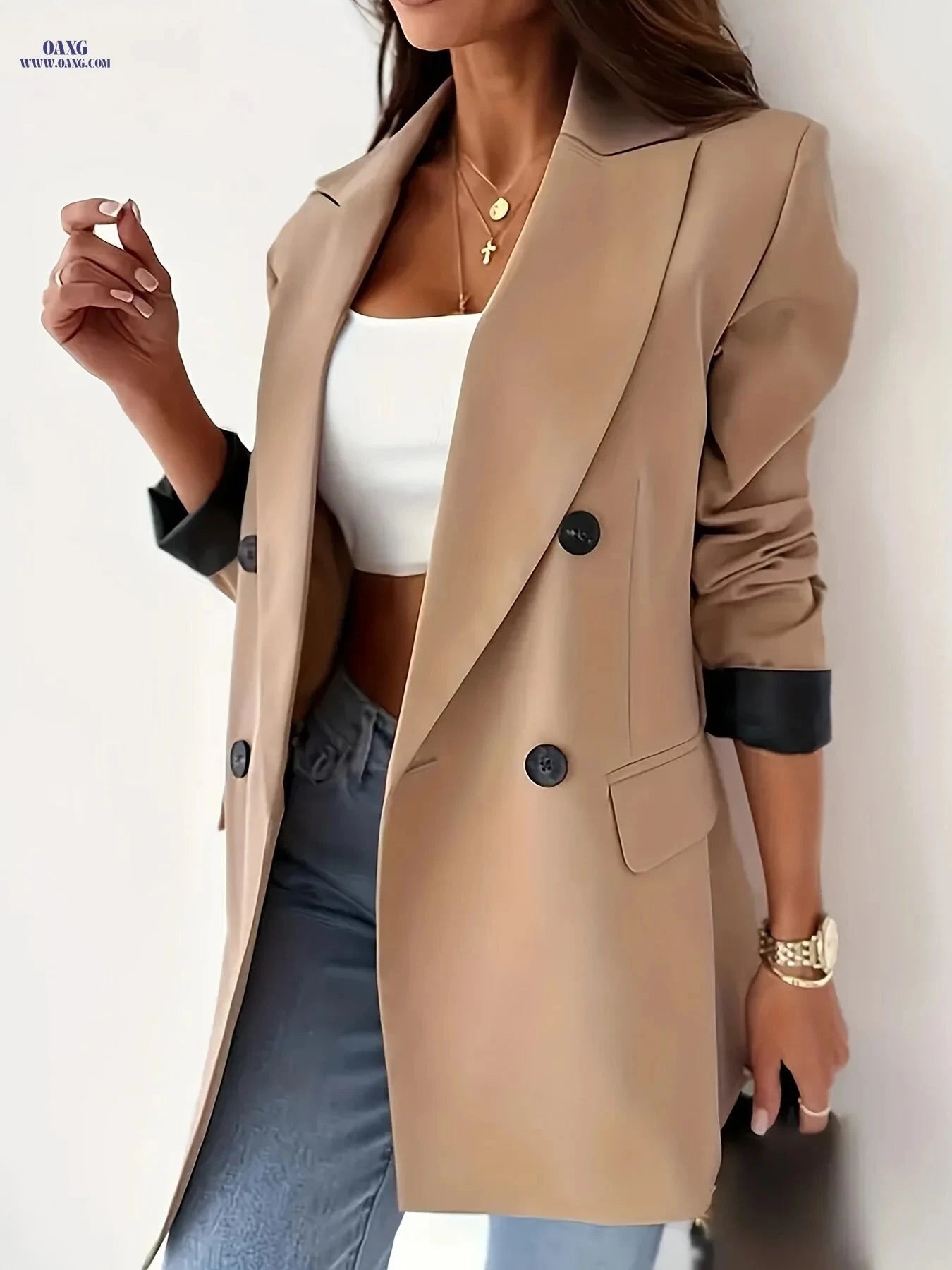Elegant Women's Double Breasted Blazer - Long Sleeve for Office   OAXG 