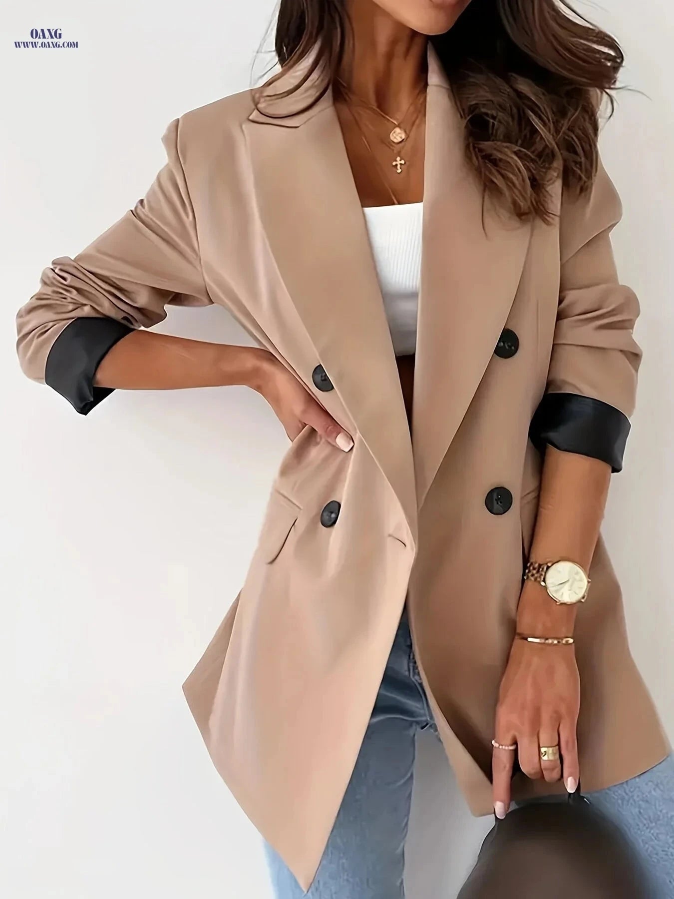 Elegant Women's Double Breasted Blazer - Long Sleeve for Office   OAXG Khaki / XXL