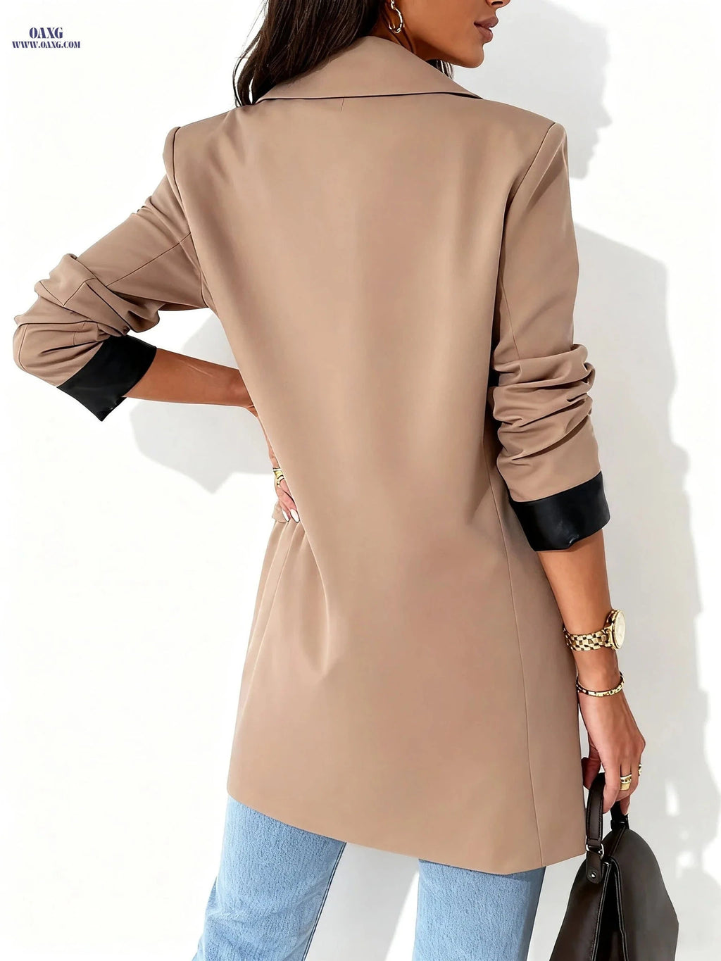 Elegant Women's Double Breasted Blazer - Long Sleeve for Office   OAXG Khaki / XXL
