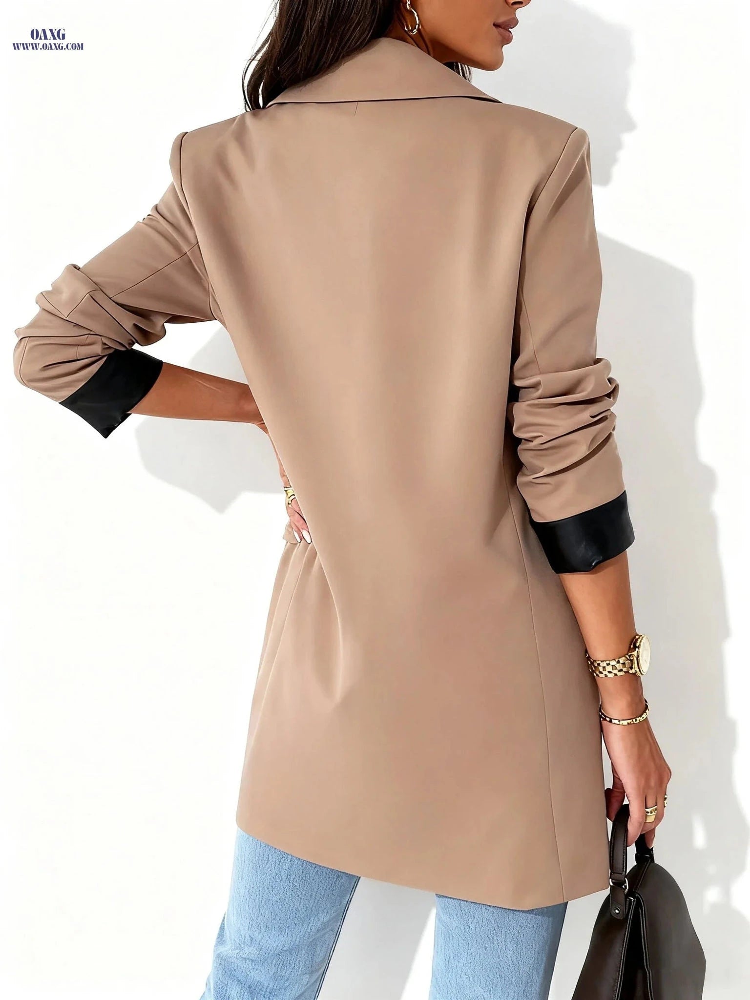 Elegant Women's Double Breasted Blazer - Long Sleeve for Office   OAXG Khaki / XXL