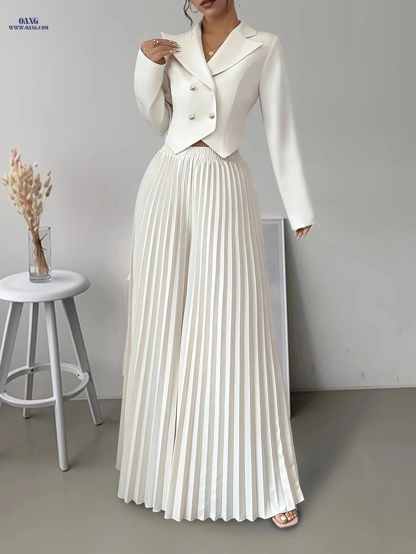 Elegant Women's Double-Breasted Suit Set - Top & Pleated Pants   OAXG 