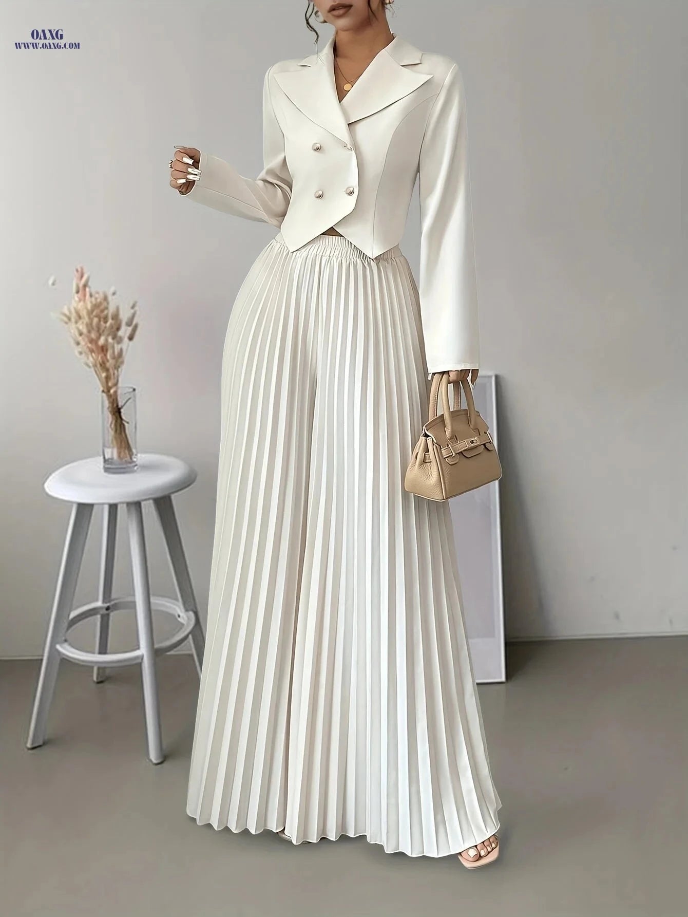 Elegant Women's Double-Breasted Suit Set - Top & Pleated Pants   OAXG Apricot / XS