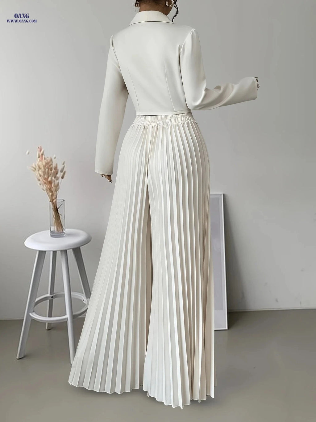 Elegant Women's Double-Breasted Suit Set - Top & Pleated Pants   OAXG Apricot / XS