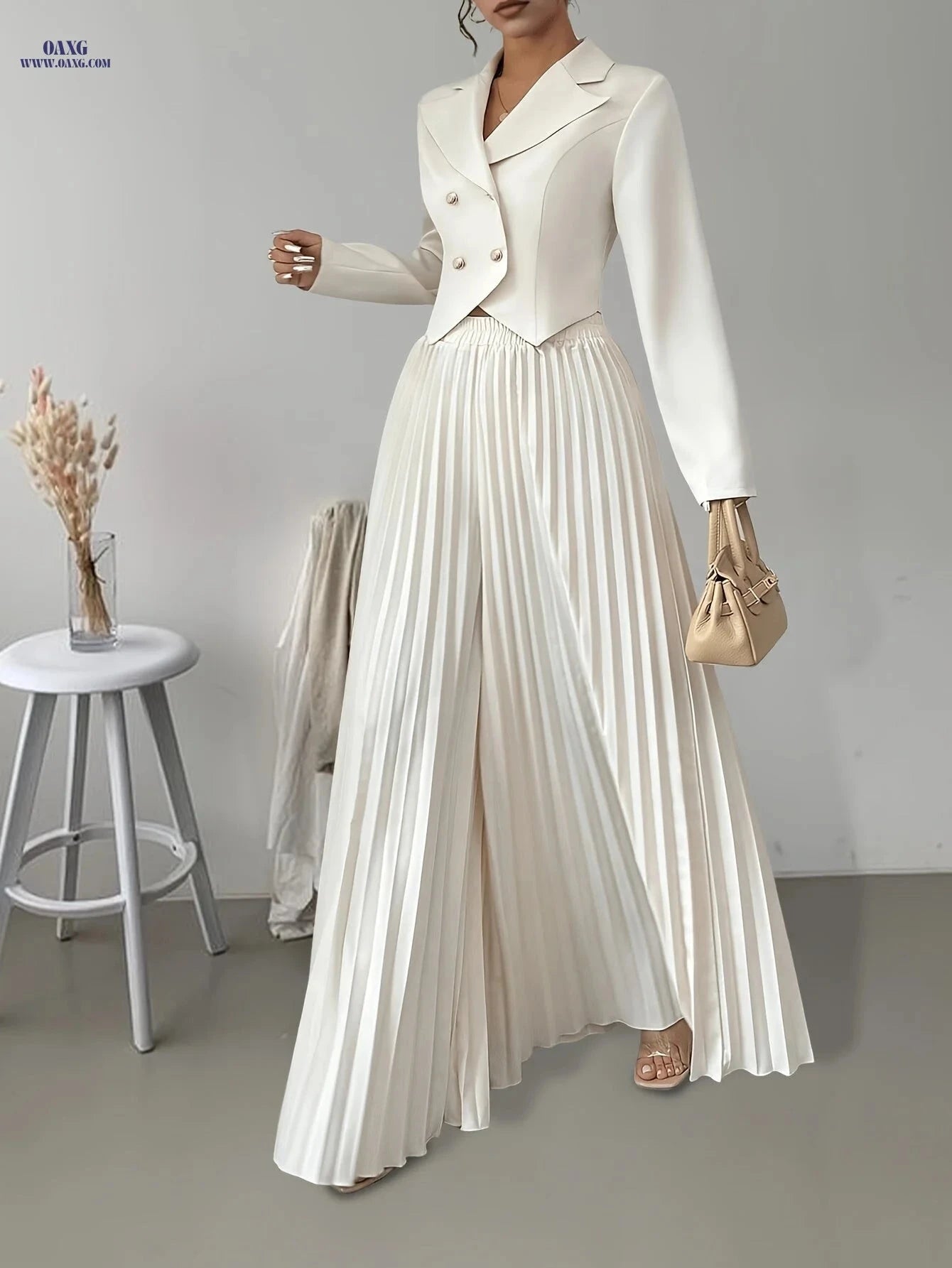 Elegant Women's Double-Breasted Suit Set - Top & Pleated Pants   OAXG Apricot / XS