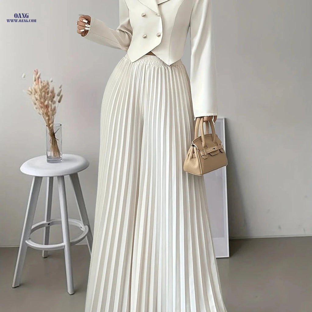 Elegant Women's Double-Breasted Suit Set - Top & Pleated Pants   OAXG Apricot / XS