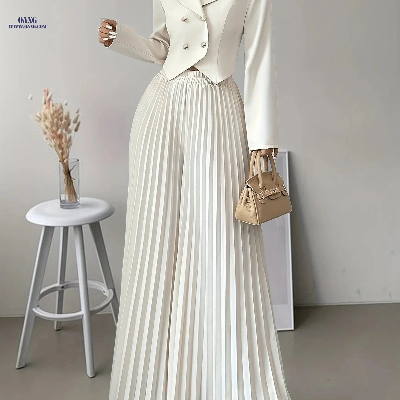 Elegant Women's Double-Breasted Suit Set - Top & Pleated Pants   OAXG Apricot / XS