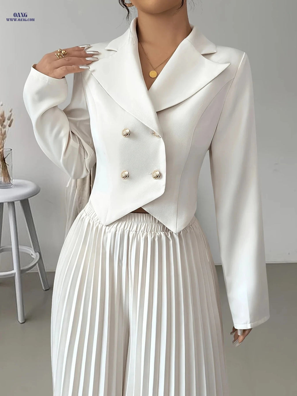 Elegant Women's Double-Breasted Suit Set - Top & Pleated Pants   OAXG Apricot / XS