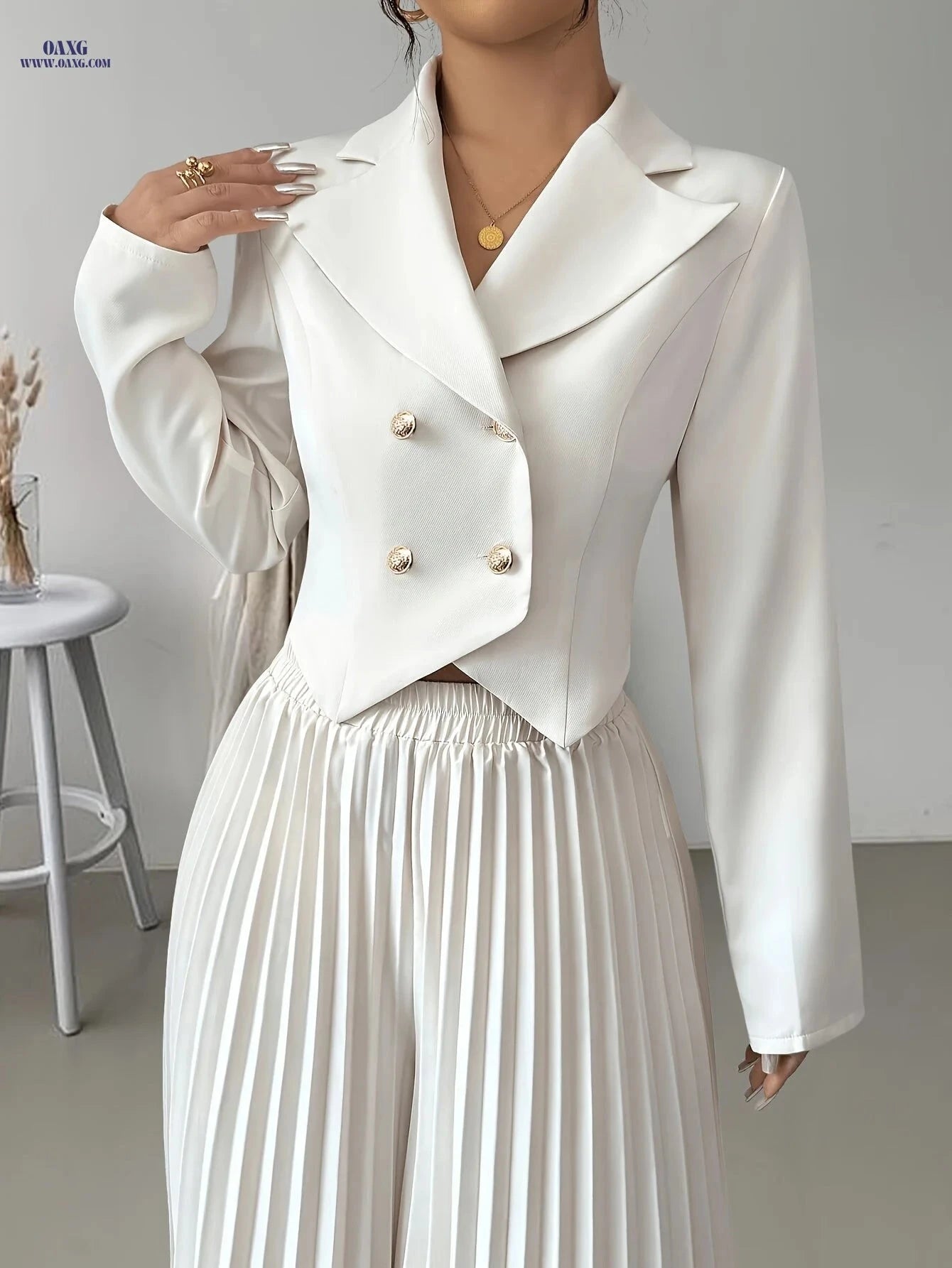 Elegant Women's Double-Breasted Suit Set - Top & Pleated Pants   OAXG Apricot / XS