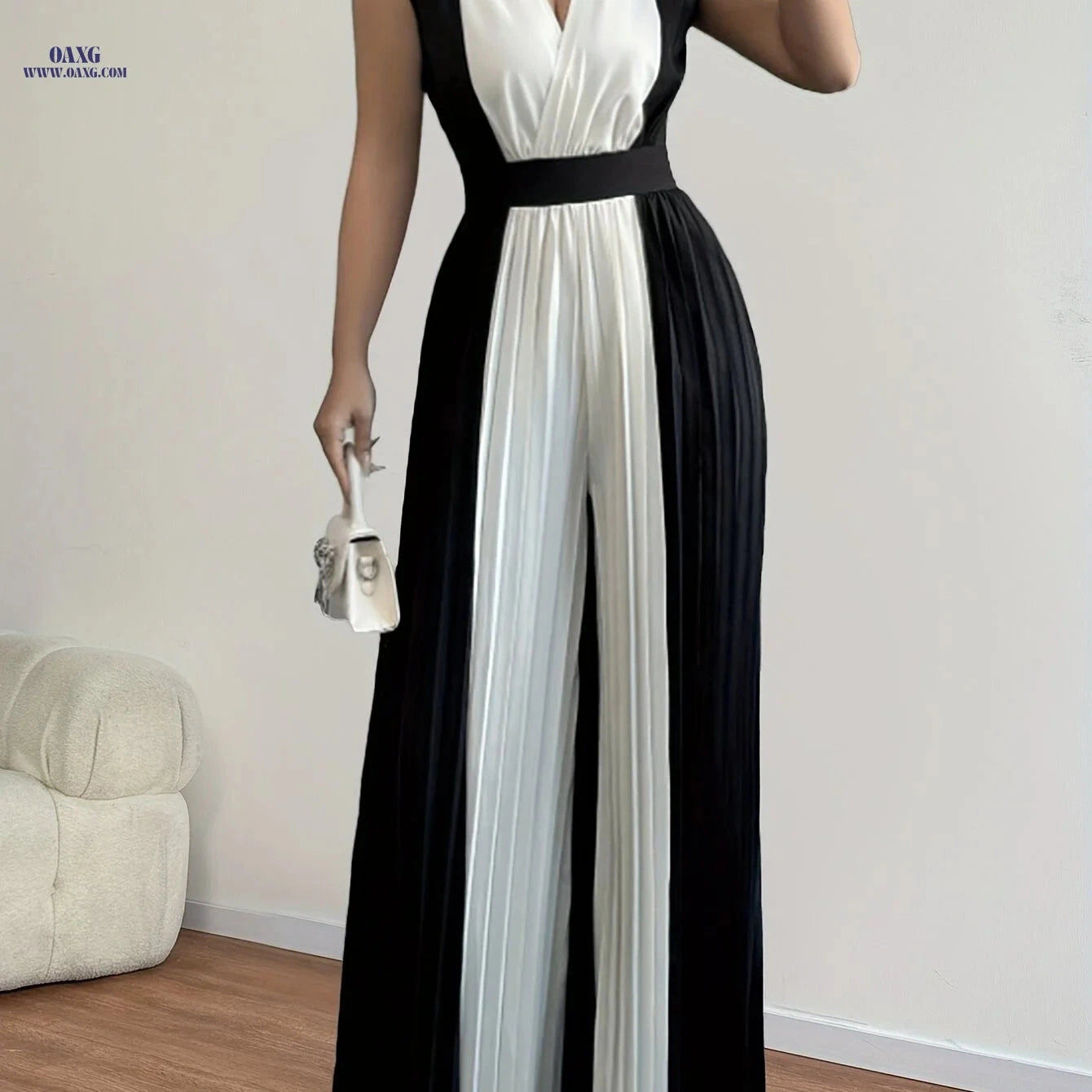 Elegant Women's Fashion Jumpsuit - Color Block Design for Summer   OAXG Black / S