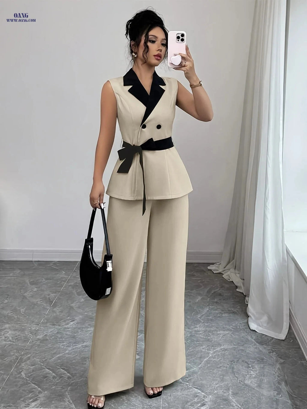 Elegant Women's Fashion Set - 97% Polyester, Perfect for Spring   OAXG Khaki / S