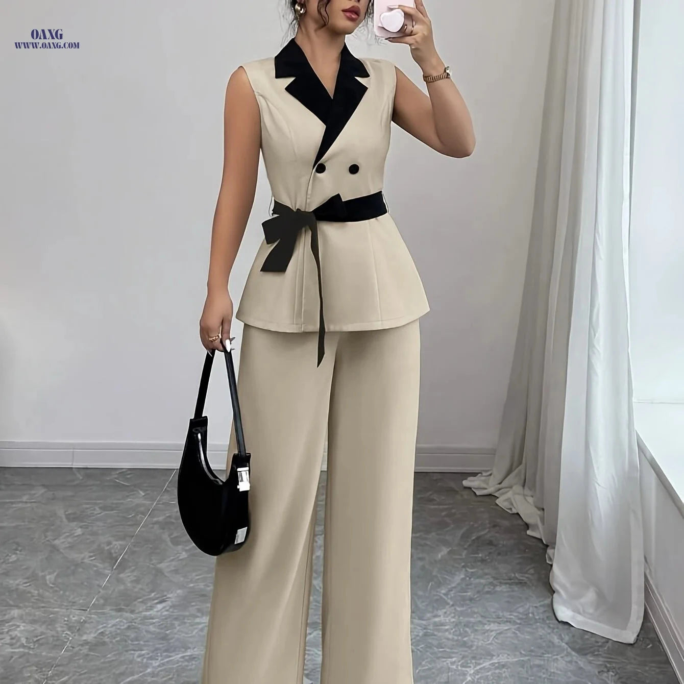 Elegant Women's Fashion Set - 97% Polyester, Perfect for Spring   OAXG Khaki / S