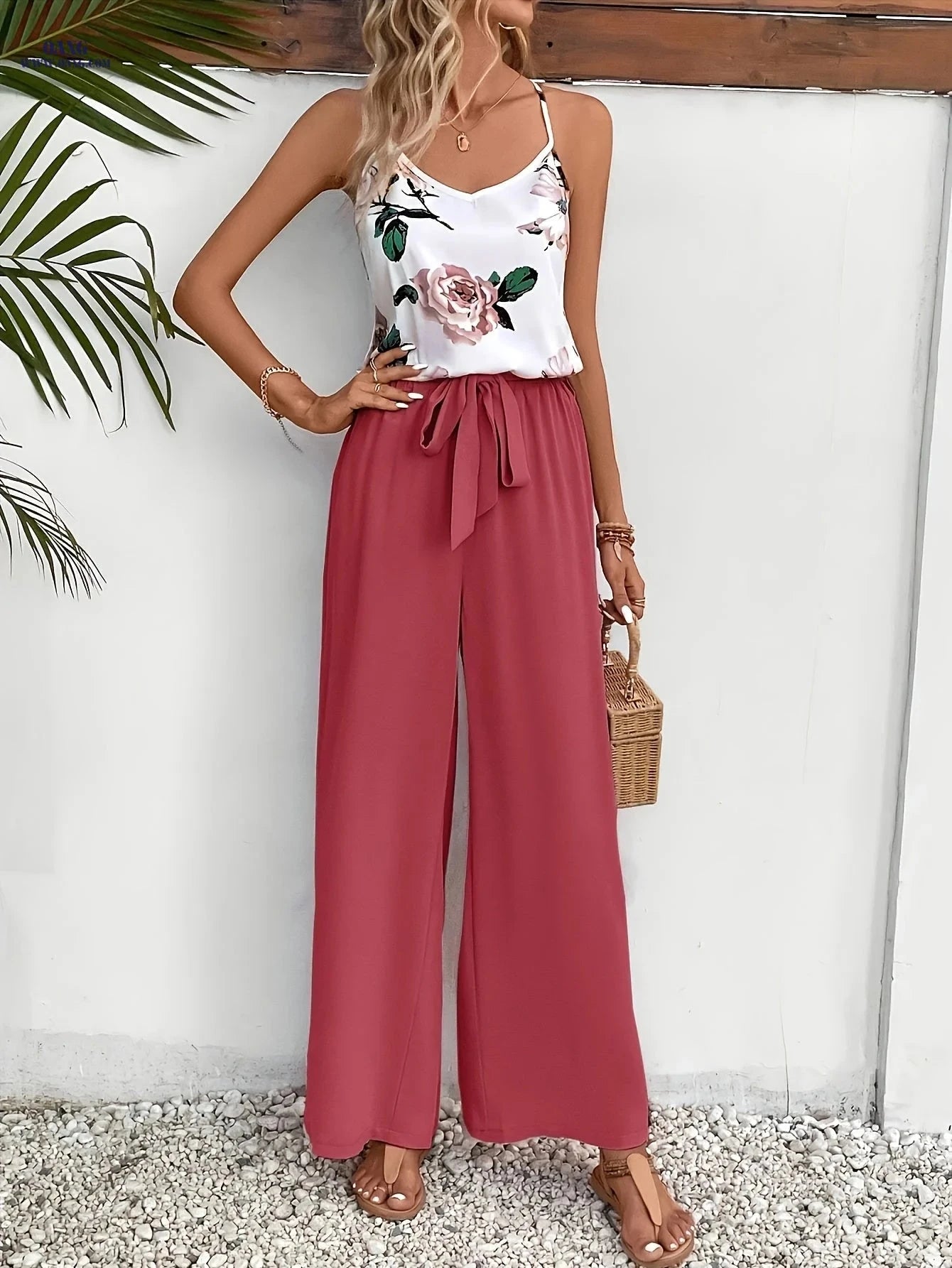 Elegant Women's Floral Camisole and Solid Pants Casual Set   OAXG 