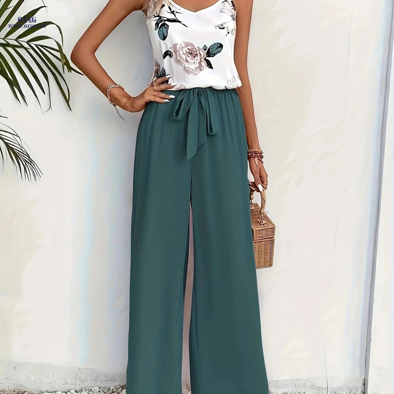 Elegant Women's Floral Camisole and Solid Pants Casual Set   OAXG Multicolor / S