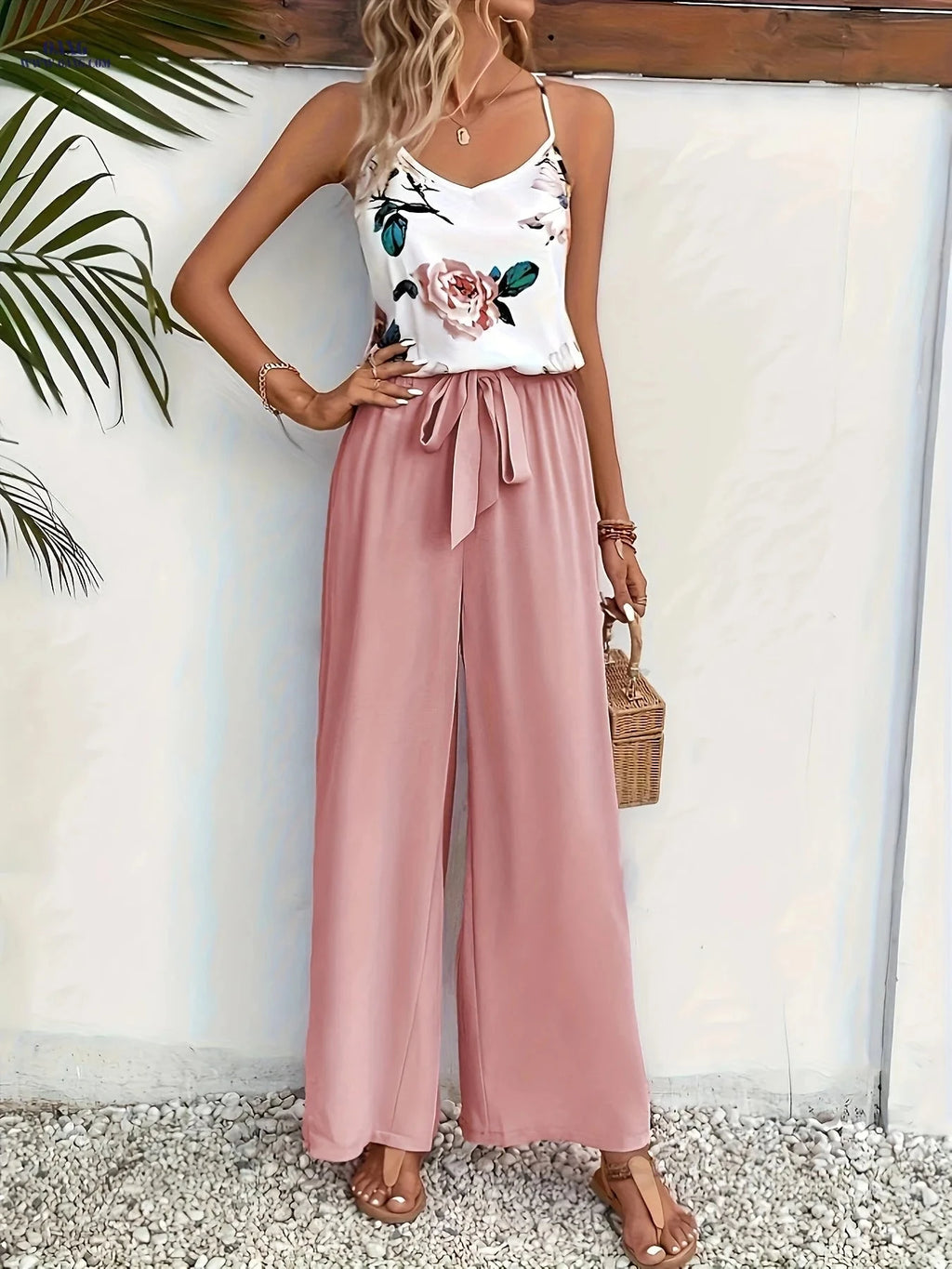Elegant Women's Floral Camisole and Solid Pants Casual Set   OAXG 