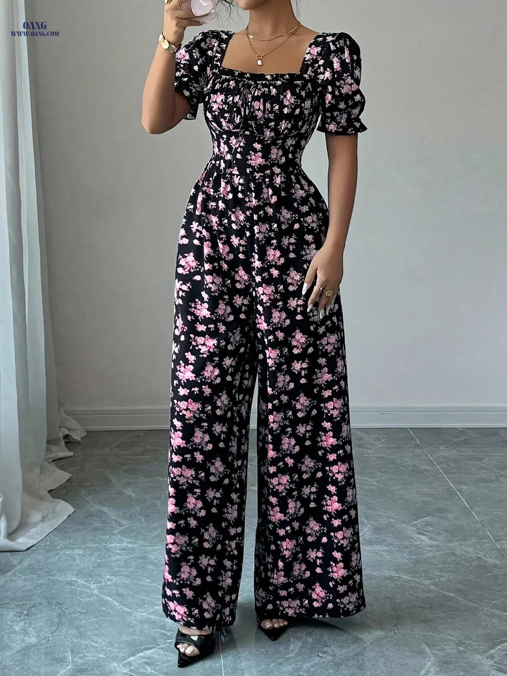 Elegant Women’s Floral Jumpsuit - Summer Wide-Leg Style   OAXG Blue / S