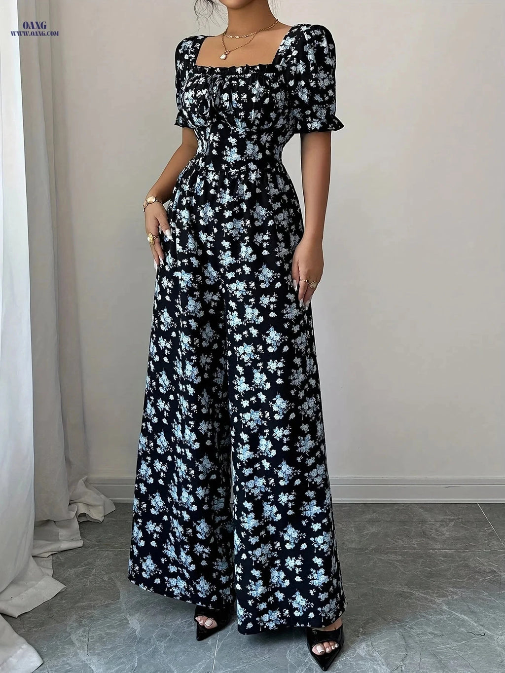 Elegant Women’s Floral Jumpsuit - Summer Wide-Leg Style   OAXG Blue / S