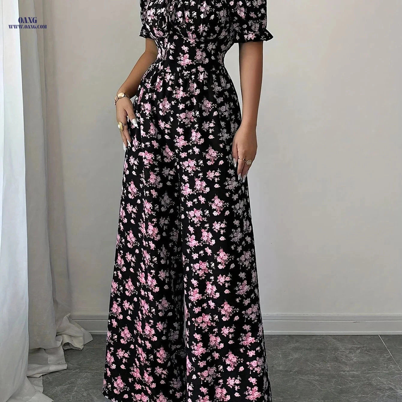 Elegant Women’s Floral Jumpsuit - Summer Wide-Leg Style   OAXG Blue / S