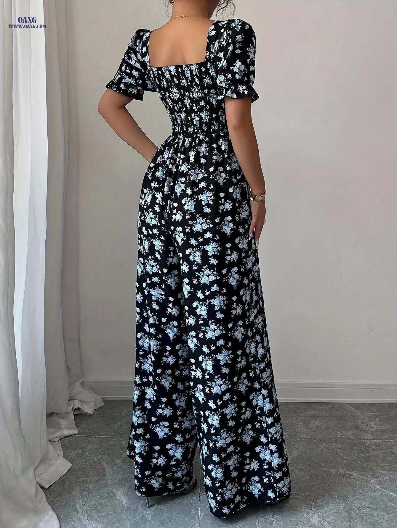 Elegant Women’s Floral Jumpsuit - Summer Wide-Leg Style   OAXG Blue / S