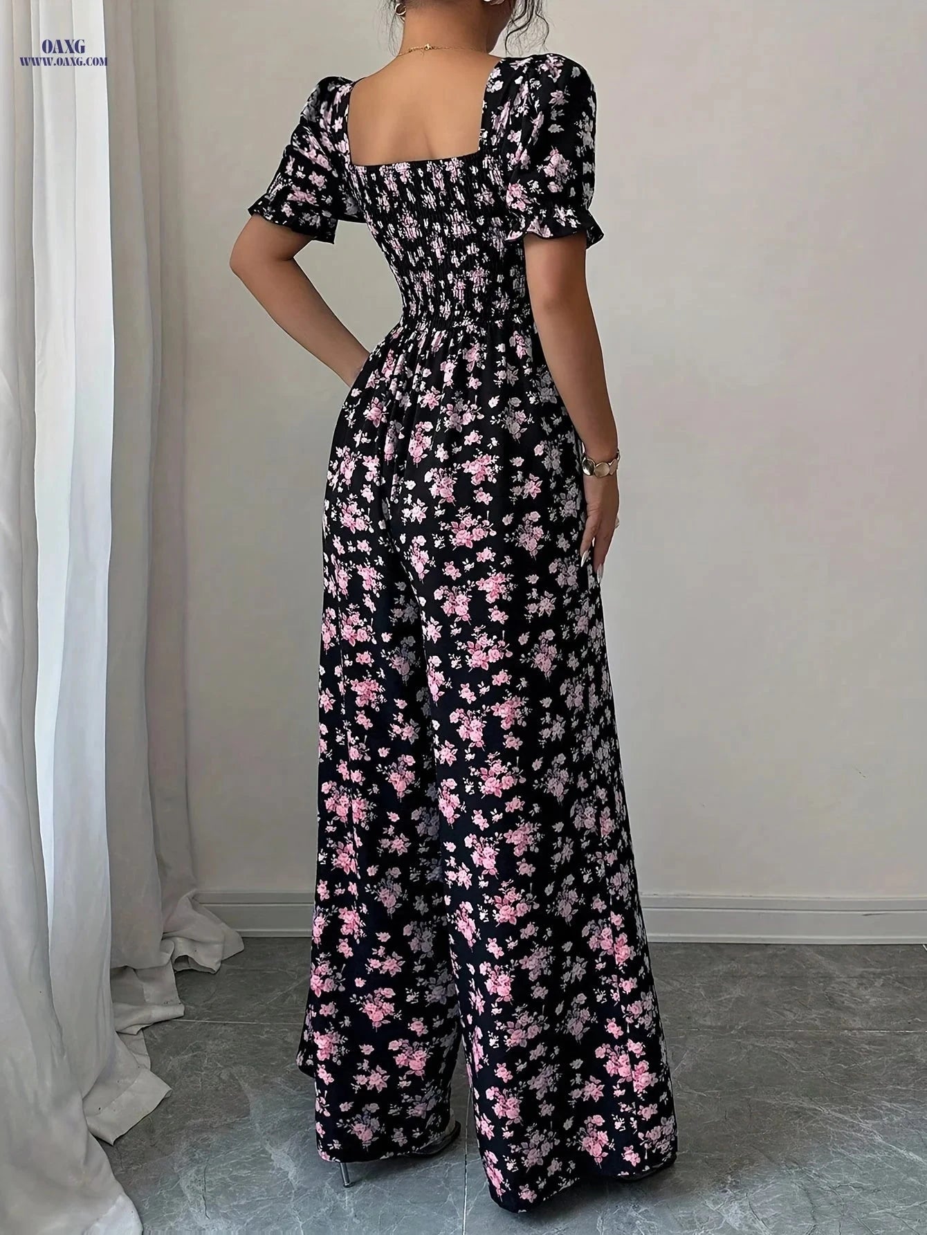 Elegant Women’s Floral Jumpsuit - Summer Wide-Leg Style   OAXG Blue / S