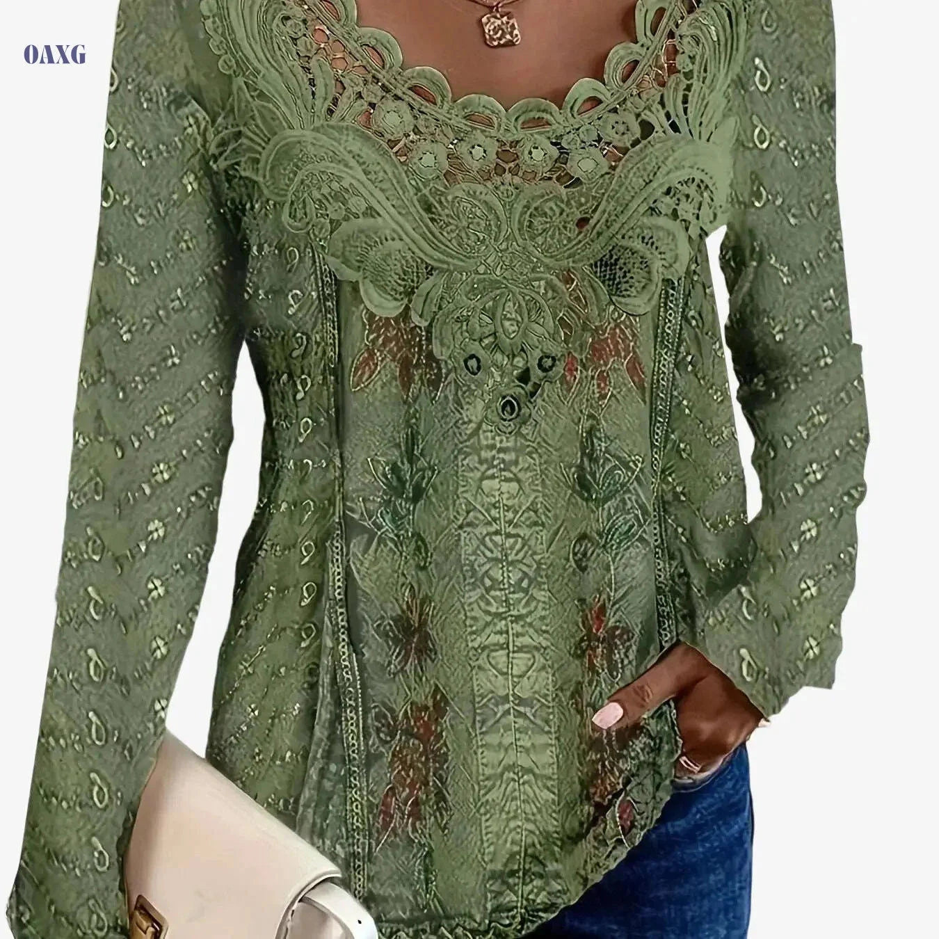 Elegant Women's Floral Long Sleeve T-Shirt - Lace Collar Style   OAXG 