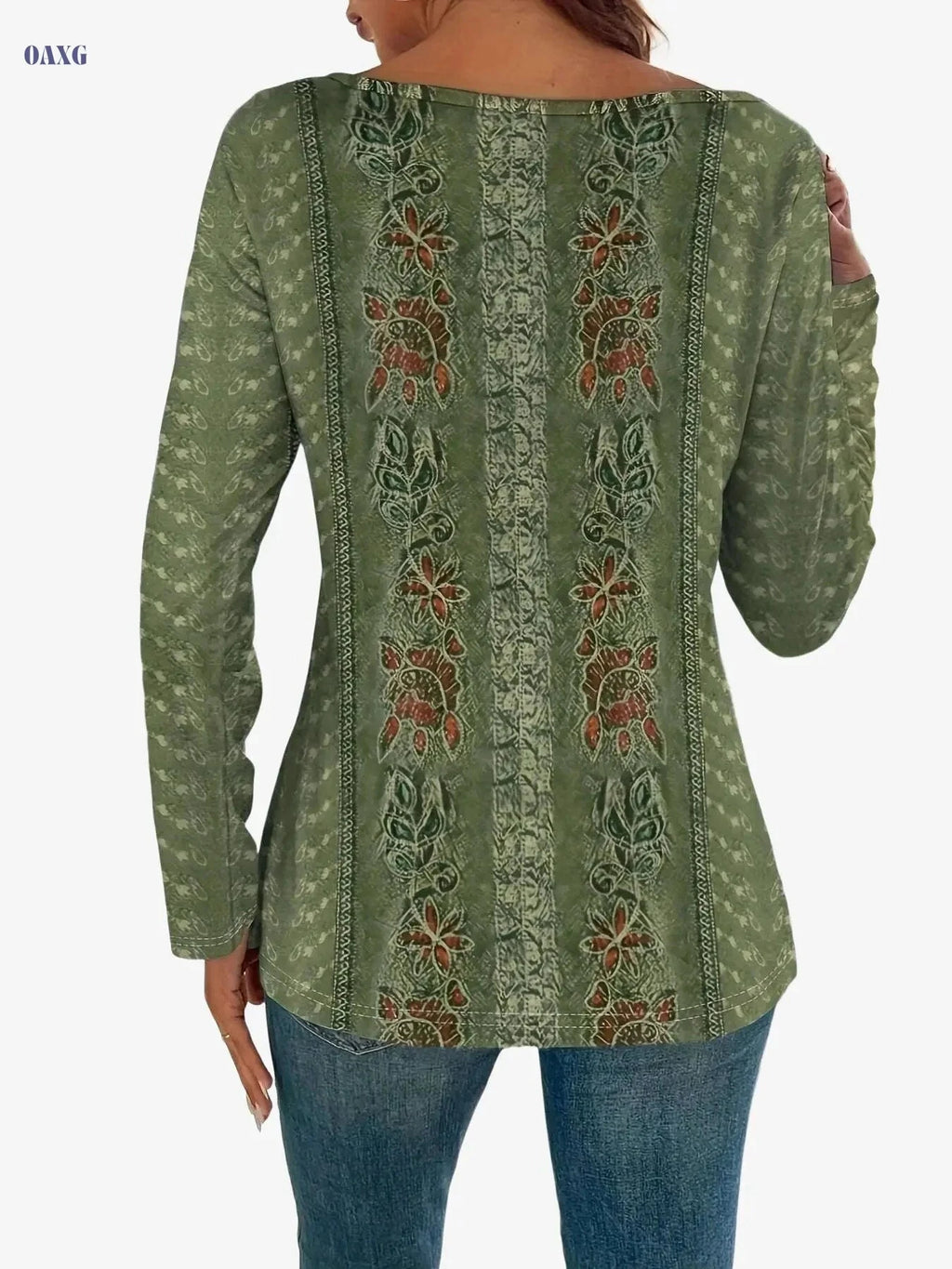 Elegant Women's Floral Long Sleeve T-Shirt - Lace Collar Style   OAXG Green / S