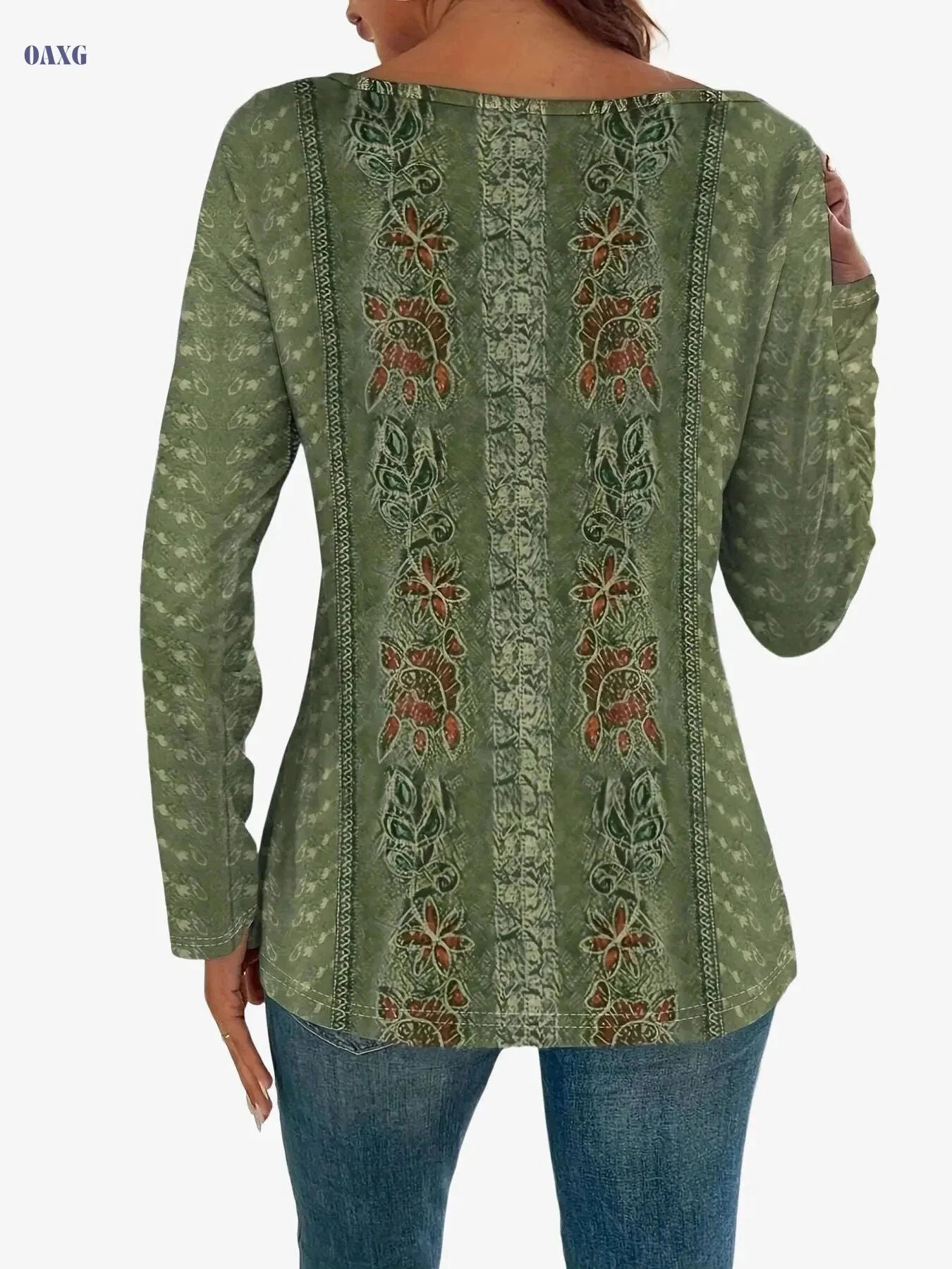 Elegant Women's Floral Long Sleeve T-Shirt - Lace Collar Style   OAXG Green / S