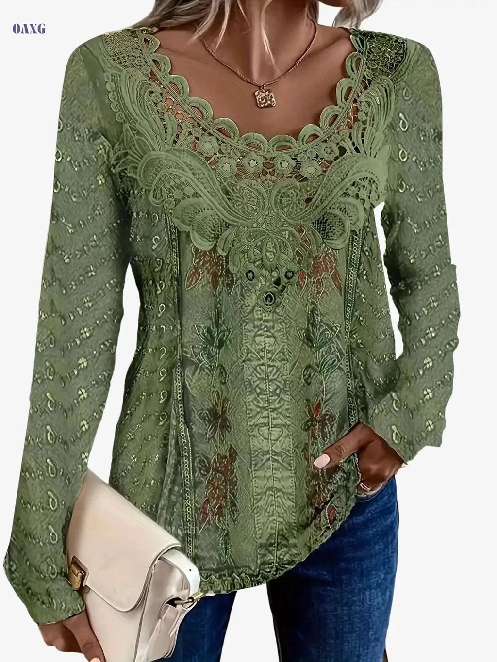 Elegant Women's Floral Long Sleeve T-Shirt - Lace Collar Style   OAXG Green / S