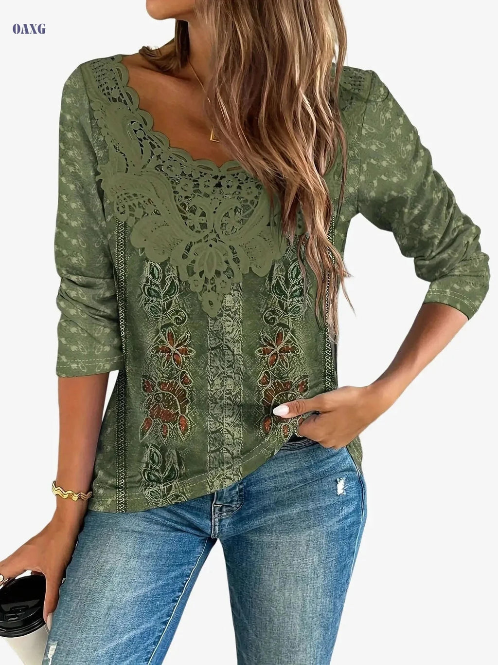 Elegant Women's Floral Long Sleeve T-Shirt - Lace Collar Style   OAXG Green / S