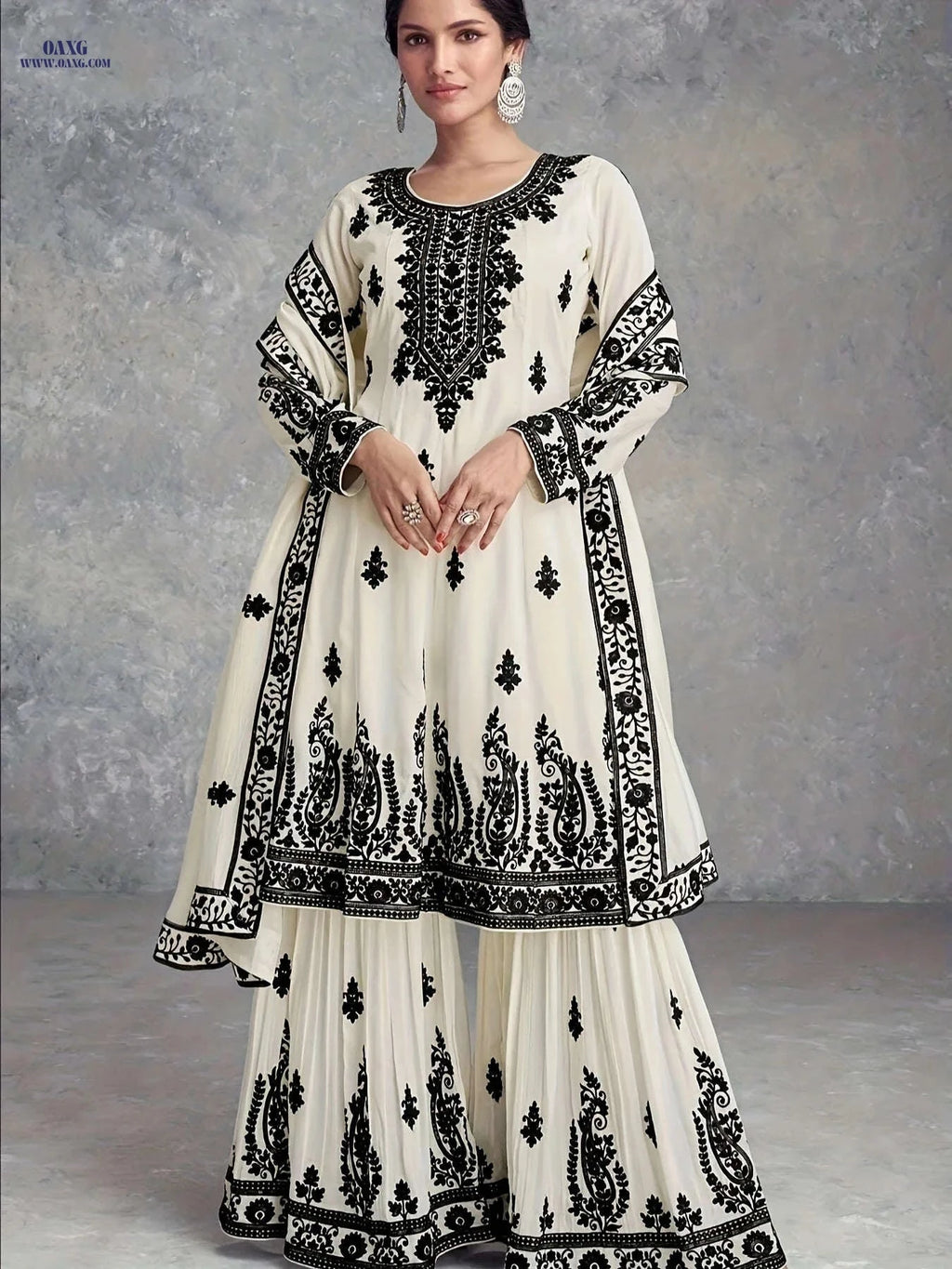 Elegant Women's Floral Print Long Sleeve Top and Pants Set - BK123002   OAXG Ivory White / S