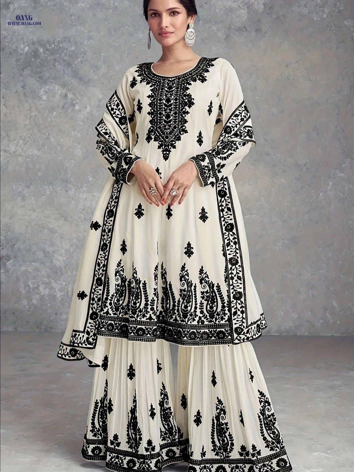 Elegant Women's Floral Print Long Sleeve Top and Pants Set - BK123002   OAXG Ivory White / S