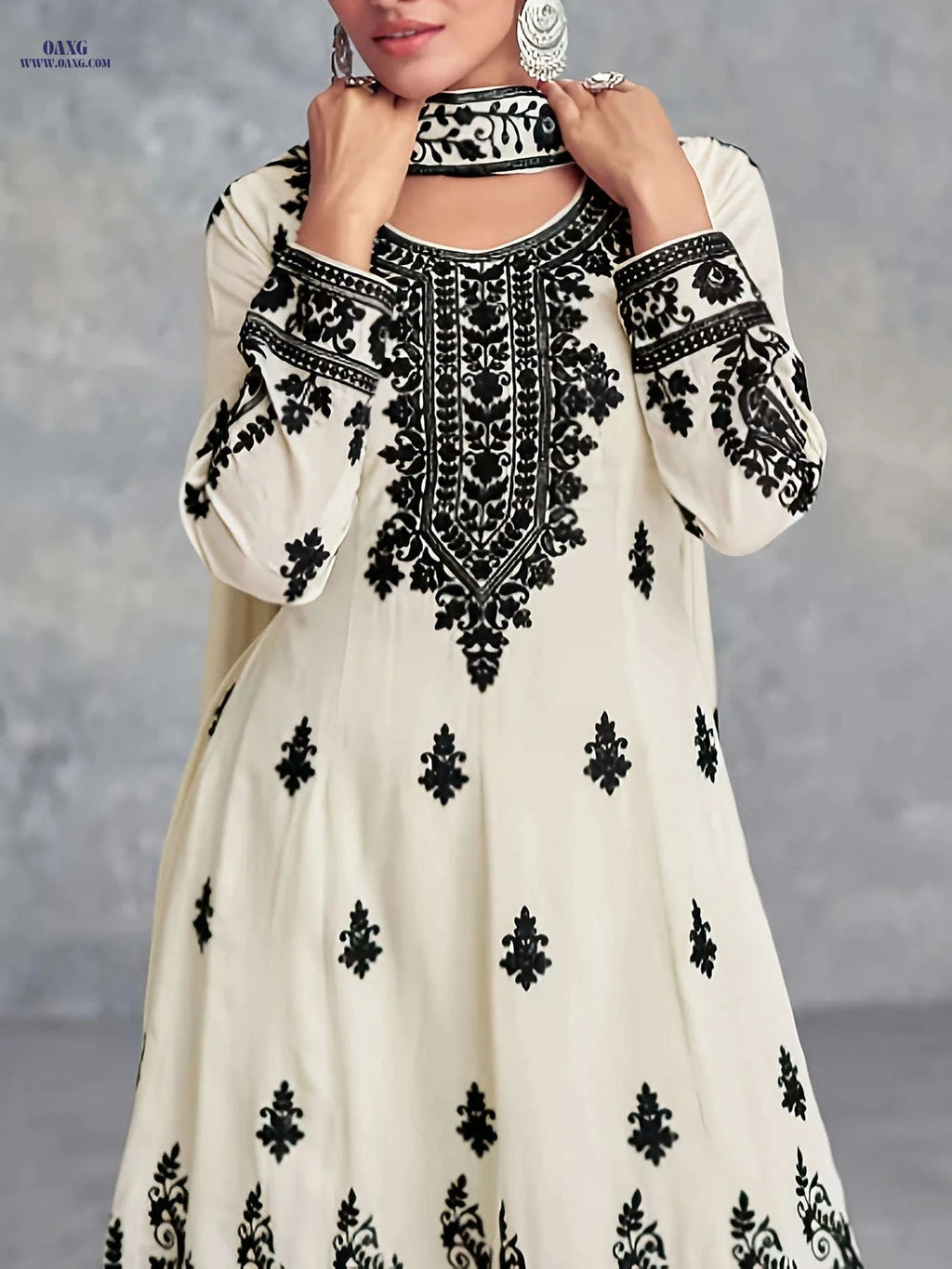 Elegant Women's Floral Print Long Sleeve Top and Pants Set - BK123002   OAXG Ivory White / S