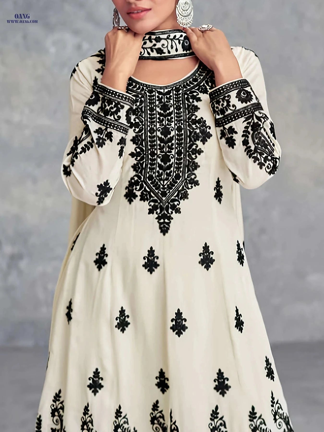 Elegant Women's Floral Print Long Sleeve Top and Pants Set - BK123002   OAXG Ivory White / S