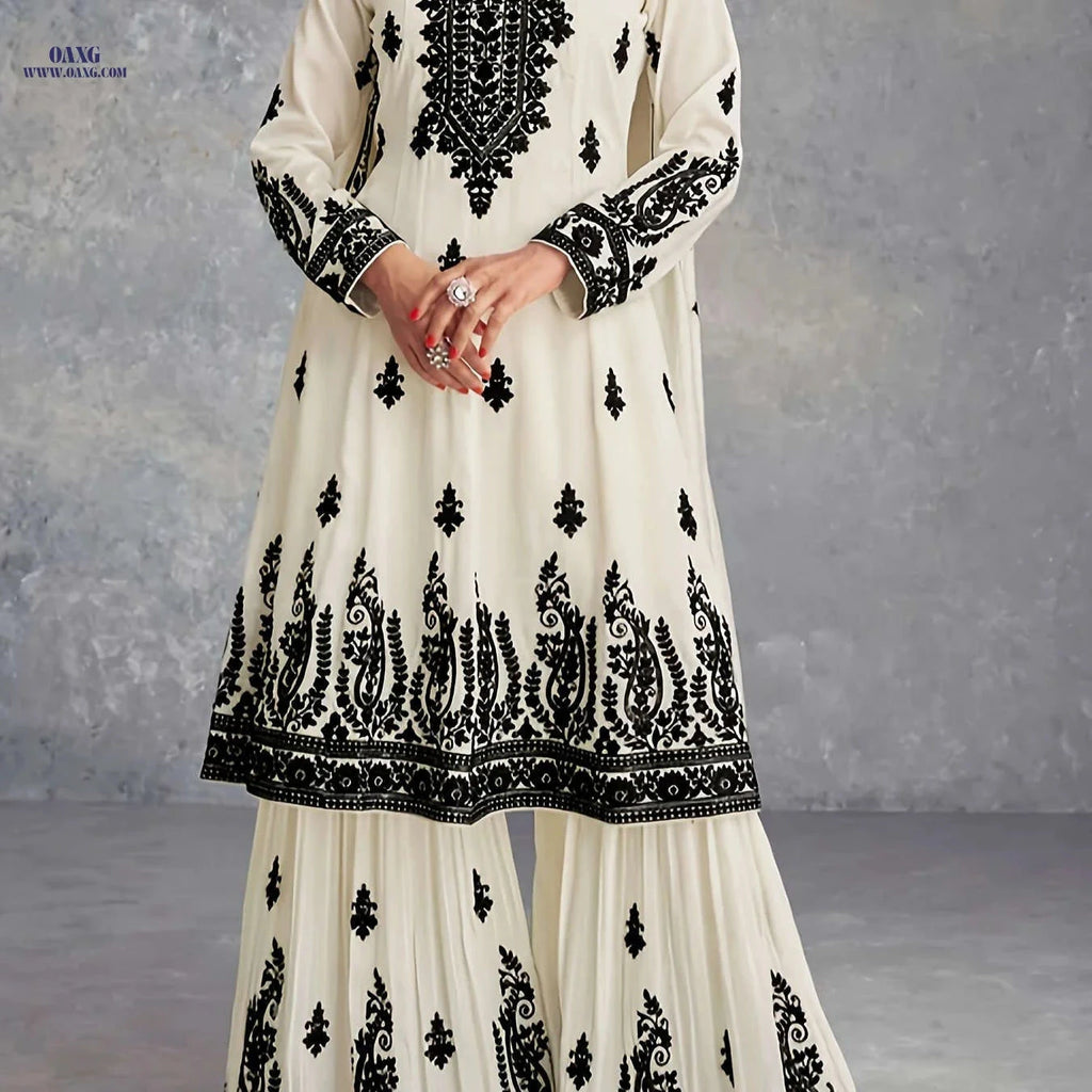 Elegant Women's Floral Print Long Sleeve Top and Pants Set - BK123002   OAXG Ivory White / S