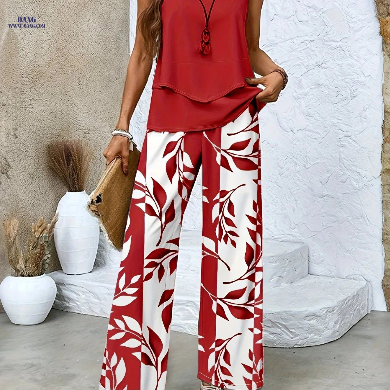 Elegant Women's Floral Print Sleeveless Top & Wide-Leg Pants Set   OAXG 