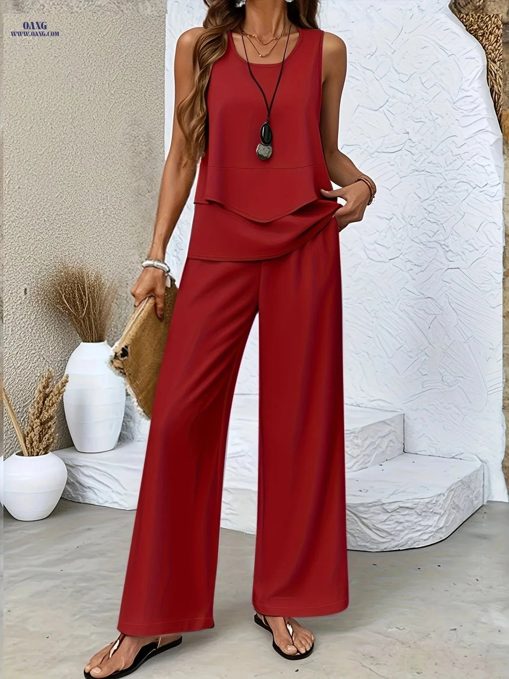 Elegant Women's Floral Print Sleeveless Top & Wide-Leg Pants Set   OAXG 