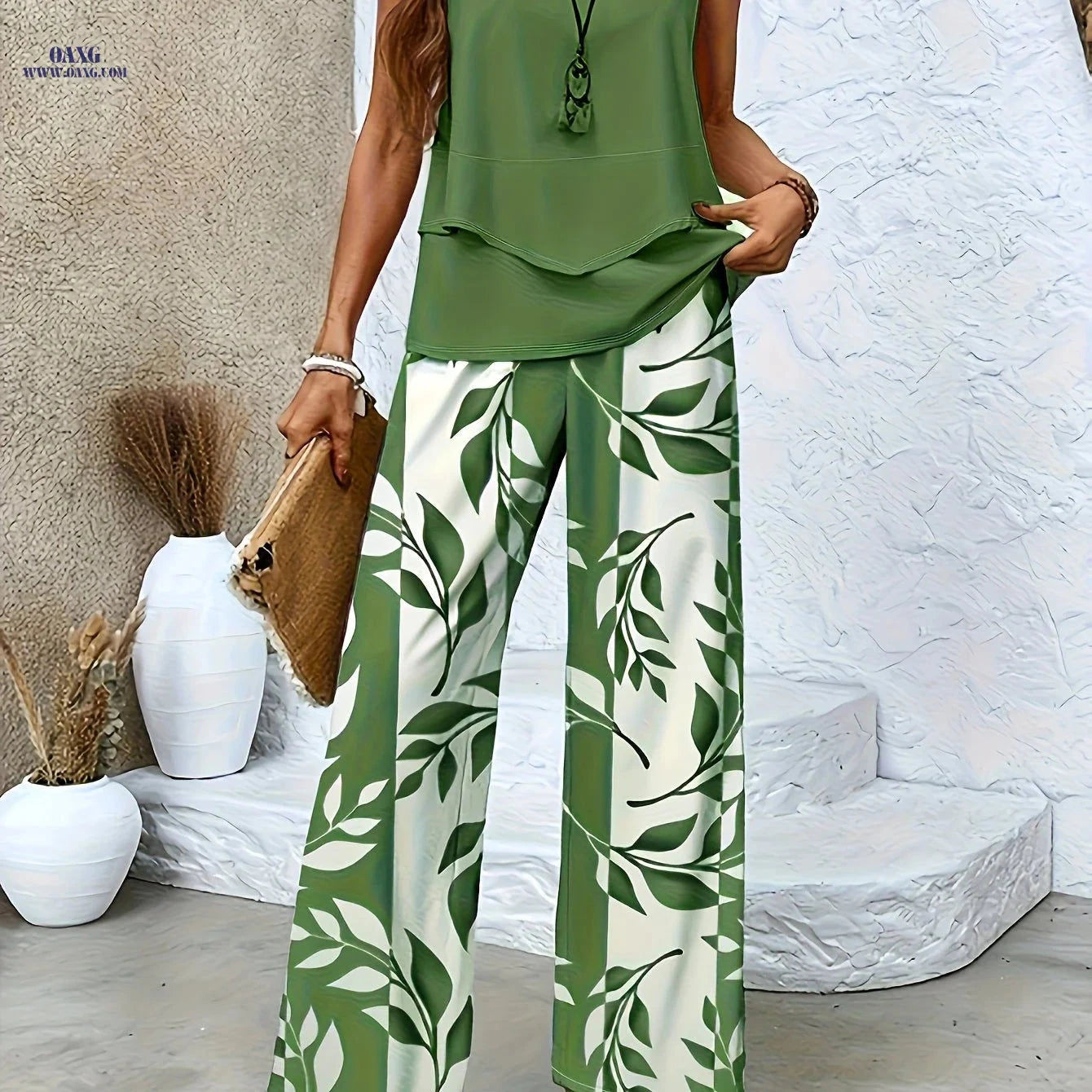 Elegant Women's Floral Print Sleeveless Top & Wide-Leg Pants Set   OAXG 
