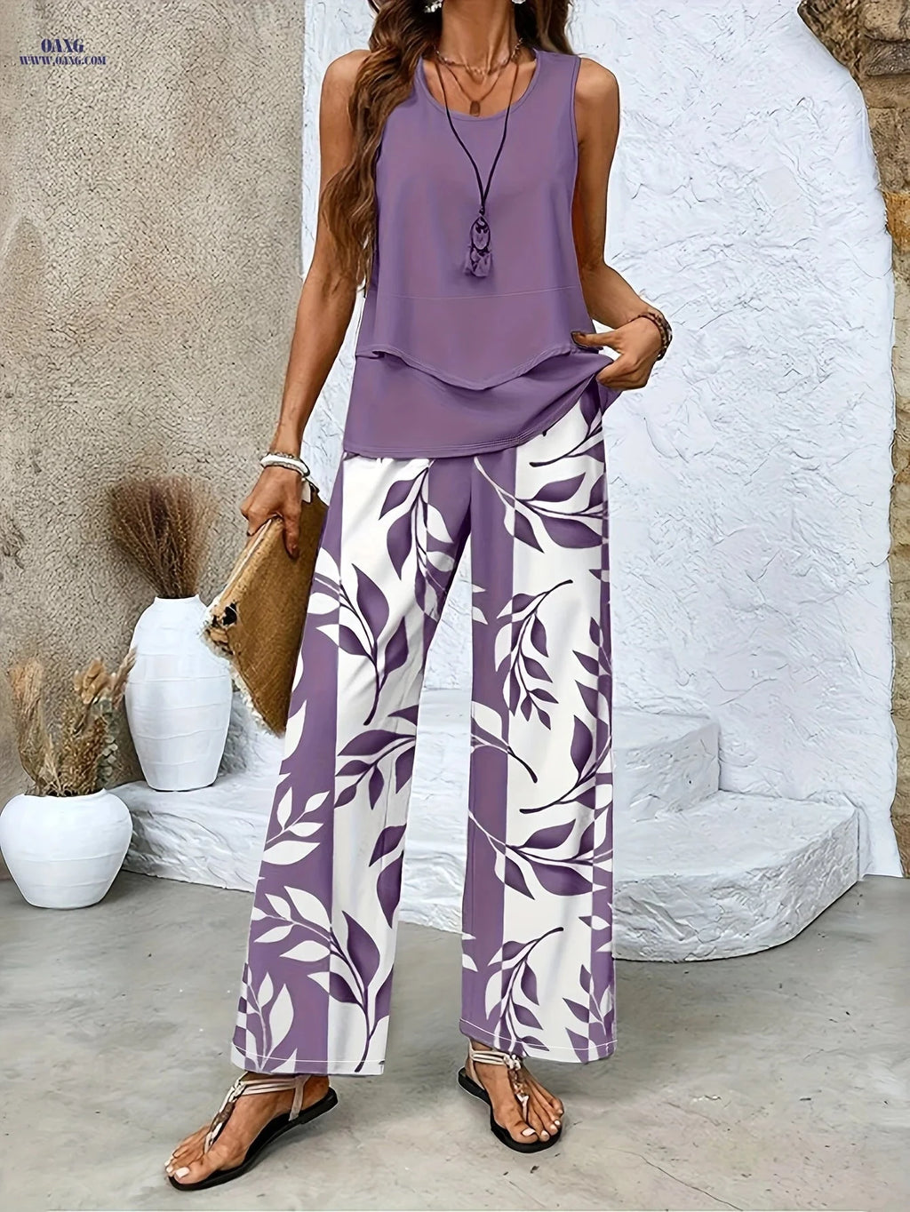 Elegant Women's Floral Print Sleeveless Top & Wide-Leg Pants Set   OAXG 