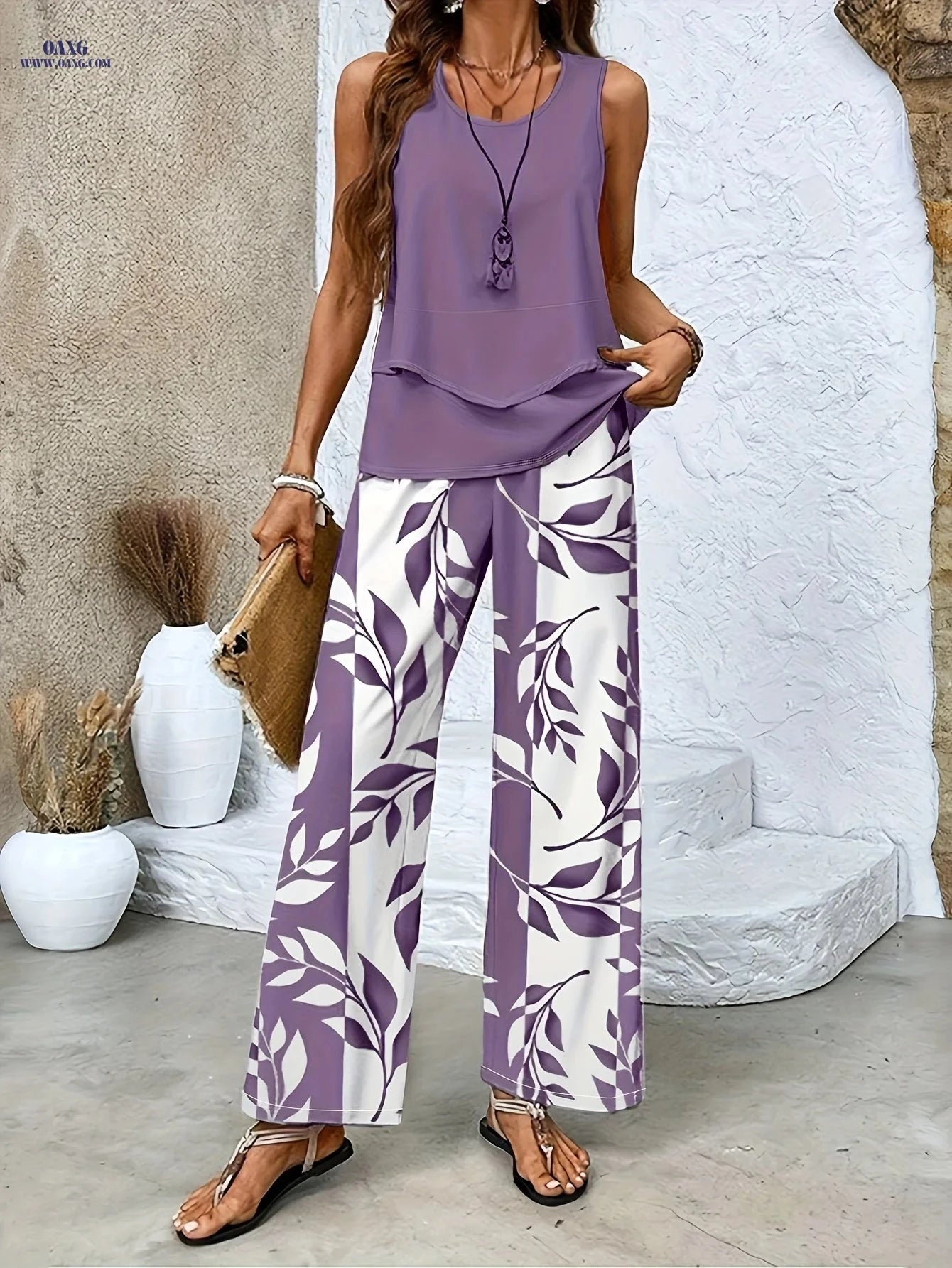 Elegant Women's Floral Print Sleeveless Top & Wide-Leg Pants Set   OAXG 