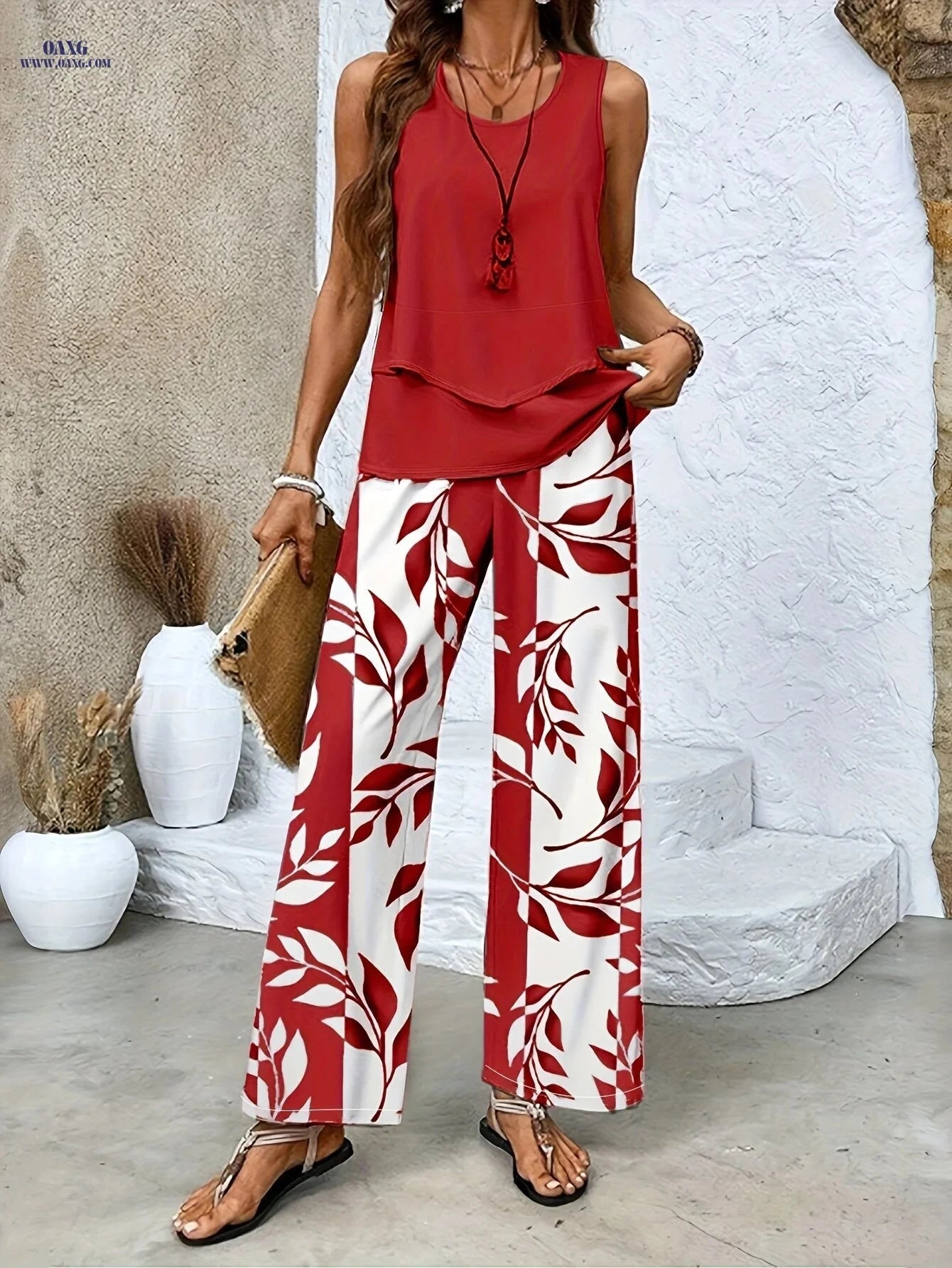 Elegant Women's Floral Print Sleeveless Top & Wide-Leg Pants Set   OAXG 