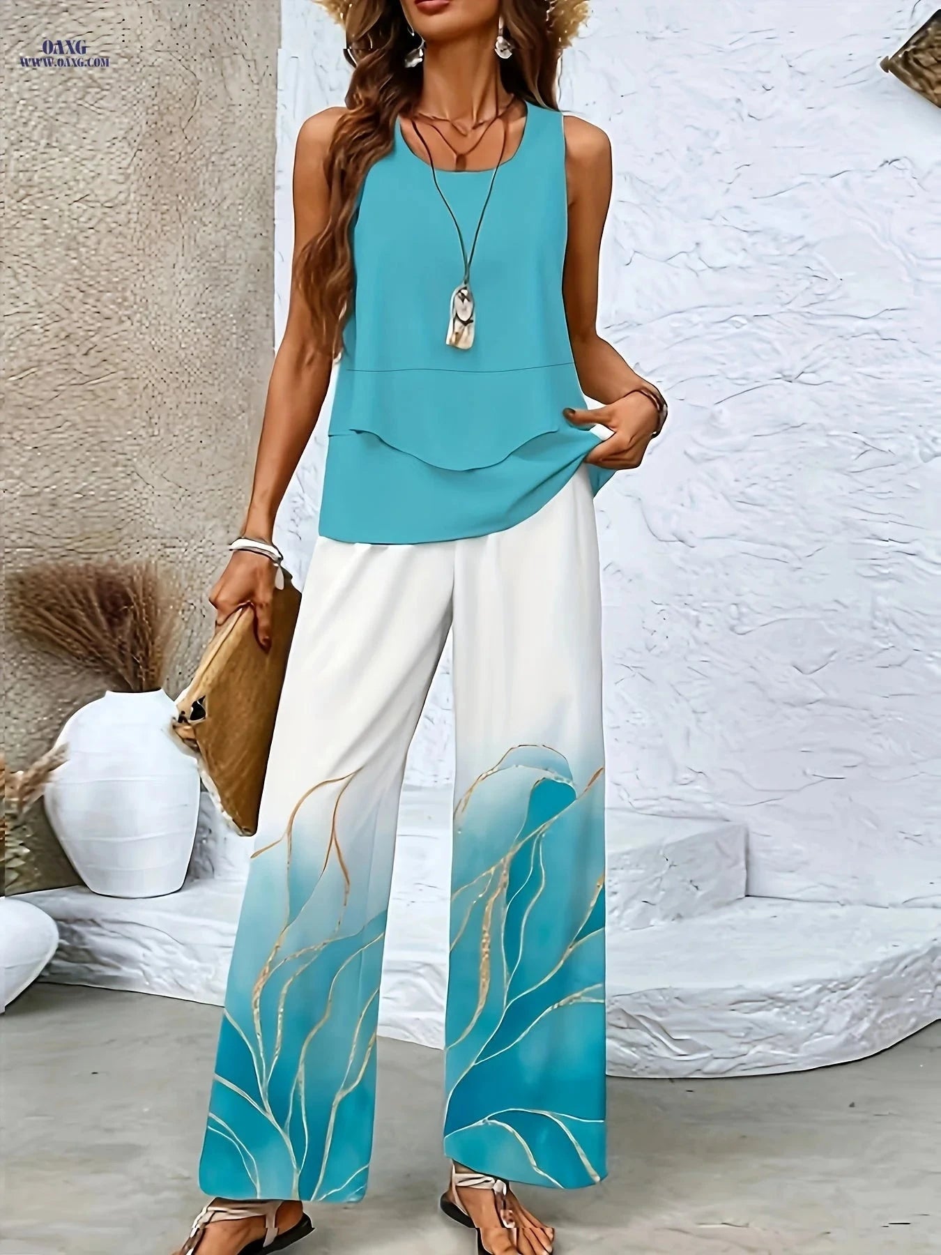 Elegant Women's Floral Print Sleeveless Top & Wide-Leg Pants Set   OAXG 